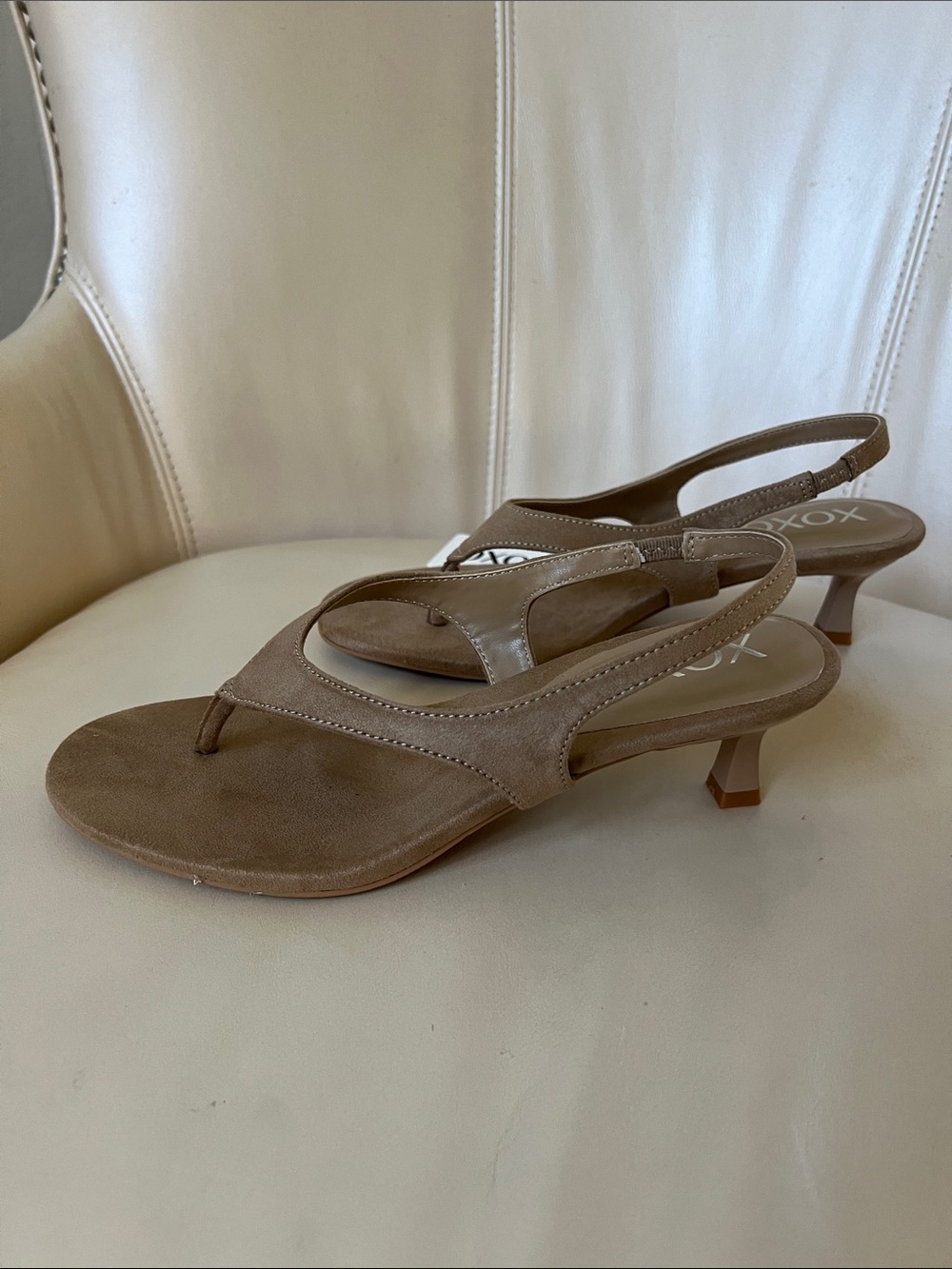 XOXO Taupe Slingback Thong Kitten Heels